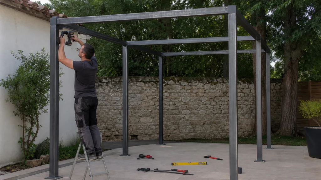 Illustration éditoriale pour l’article « Comment fabriquer une pergola en tube acier robuste »