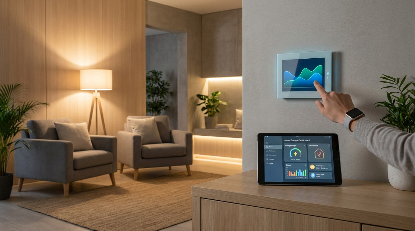 Main utilisant une interface tactile murale pour contrôler la gestion de l'énergie dans un salon moderne.