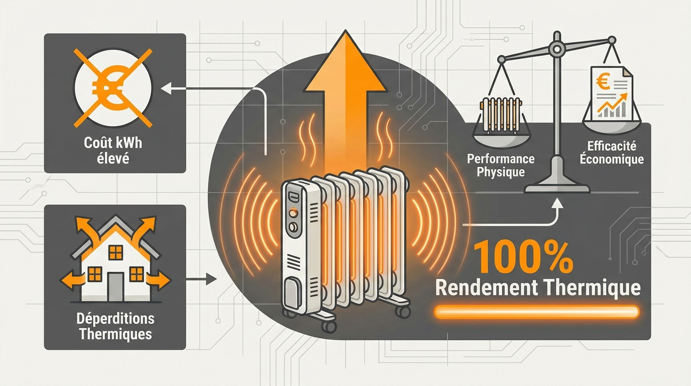 Infographie expliquant le rendement de 100 pourcent du chauffage électrique par effet Joule