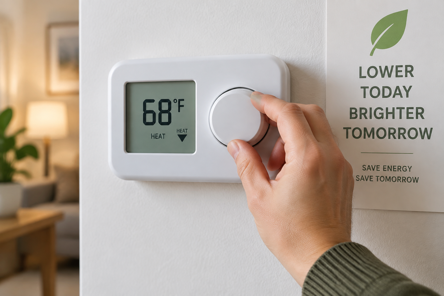 Main baissant un thermostat mural pour économiser l'énergie