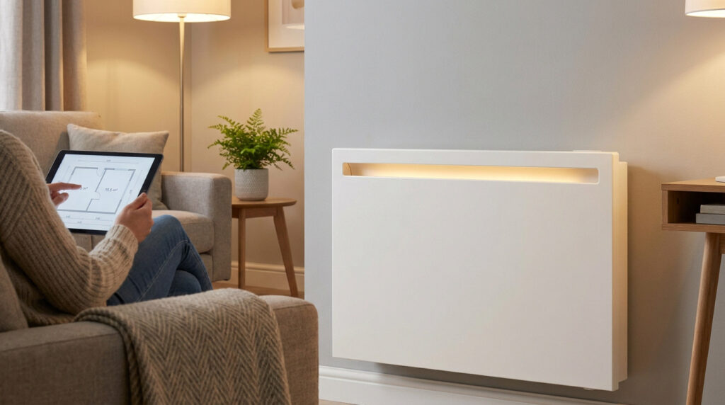 Une personne assise dans un salon consulte un plan sur tablette à côté d'un radiateur électrique design au mur.