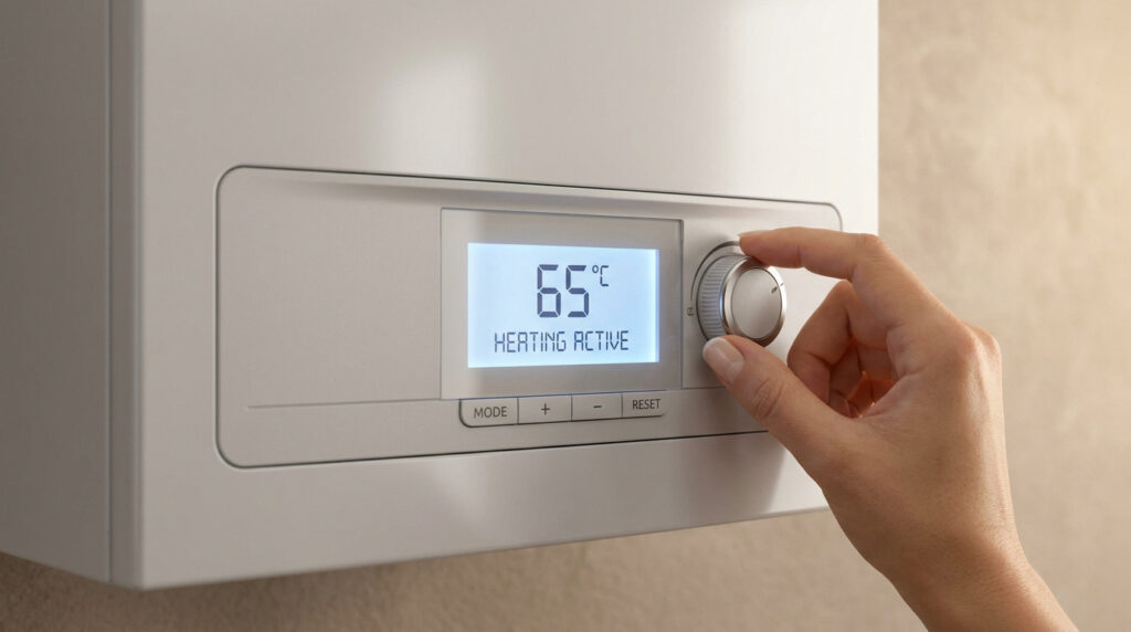 Une main règle le bouton d'une chaudière murale affichant 65°C et le texte « HEATING ACTIVE ».