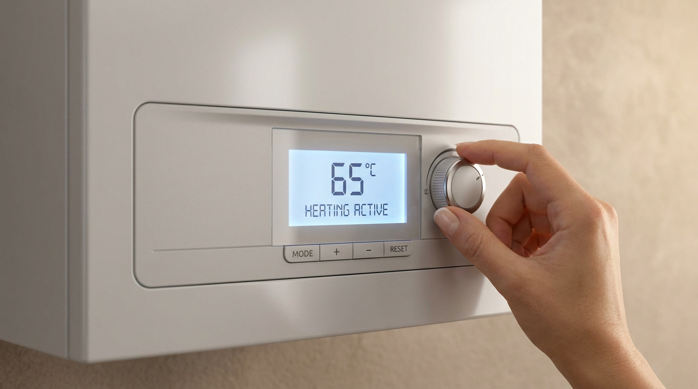 Une main règle le bouton d'une chaudière murale affichant 65°C et le texte « HEATING ACTIVE ».
