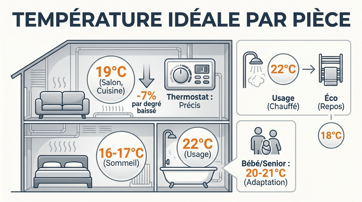 Infographie récapitulative des températures idéales de chauffage par pièce de la maison