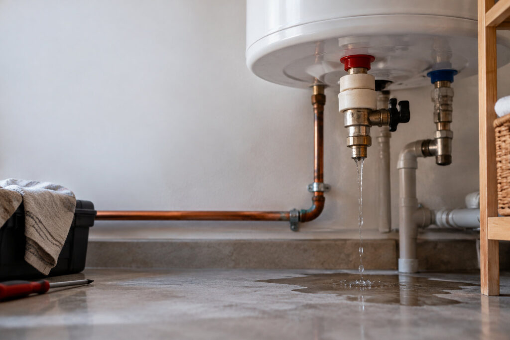 Gros plan sur un chauffe-eau qui fuit au niveau du raccord diélectrique, avec de l'eau s'écoulant sur le sol.