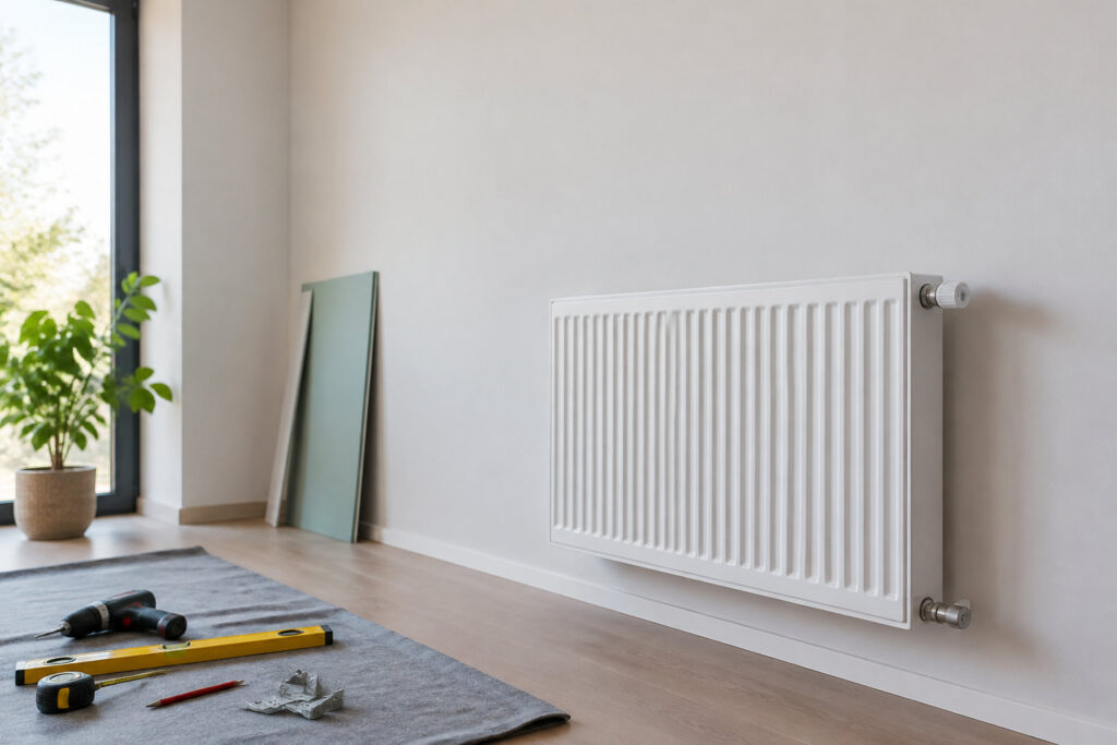Un radiateur blanc fixé au mur avec des outils de bricolage disposés sur une couverture au sol.