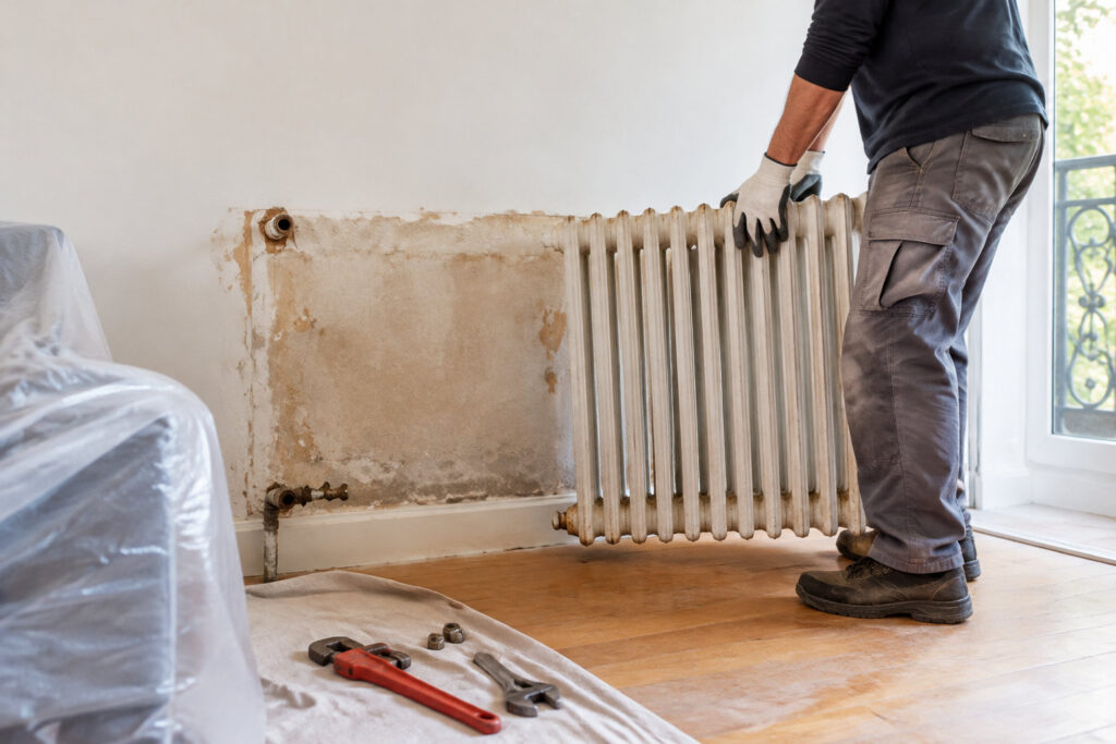 Un ouvrier retire un radiateur en fonte blanc d'un mur après l'avoir déconnecté des tuyaux de chauffage.