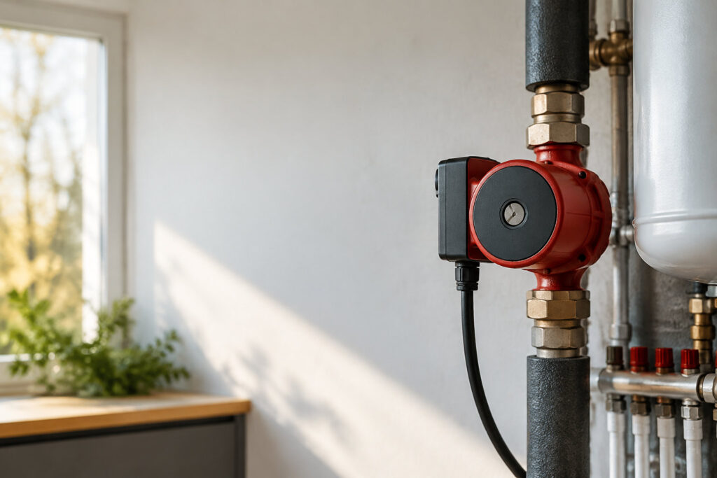Circulateur de chauffage rouge installé sur une tuyauterie isolée dans une pièce lumineuse.
