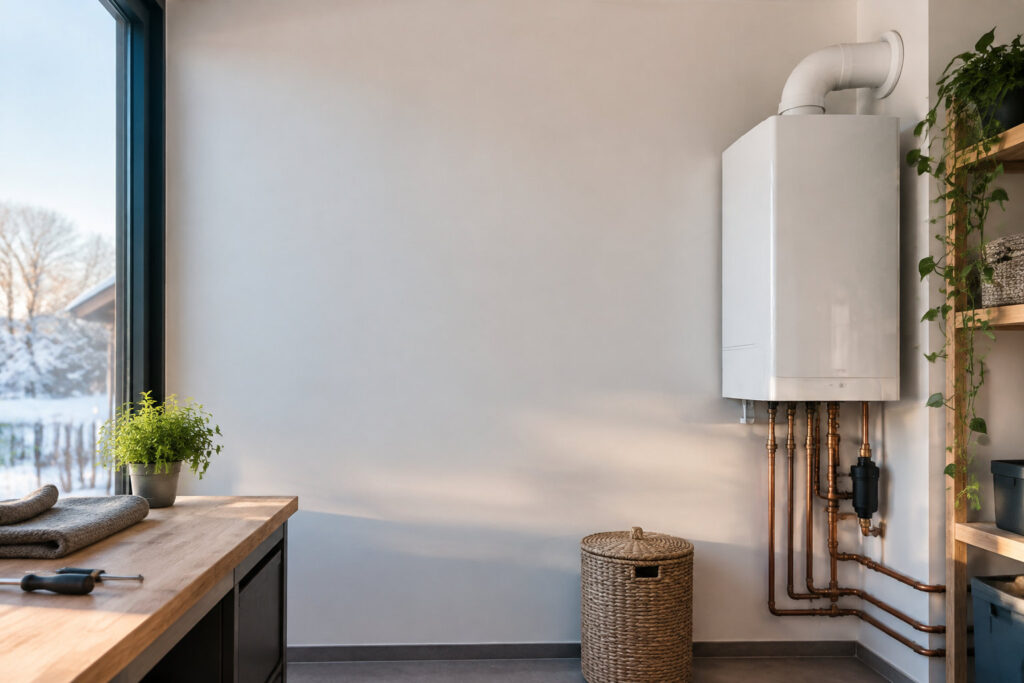 Une chaudière à gaz murale blanche avec des tuyaux en cuivre installée sur un mur blanc dans une buanderie moderne.