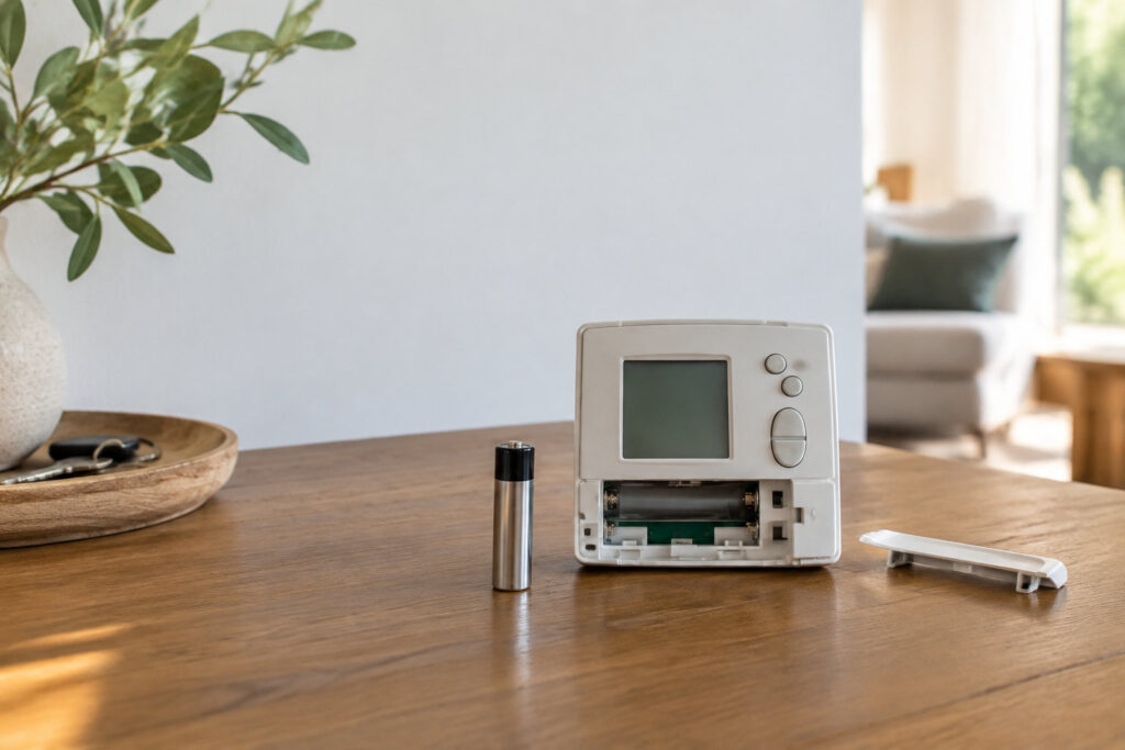 Thermostat Delta Dore TYBOX 137 ouvert sur une table en bois avec une pile neuve et son cache retiré.