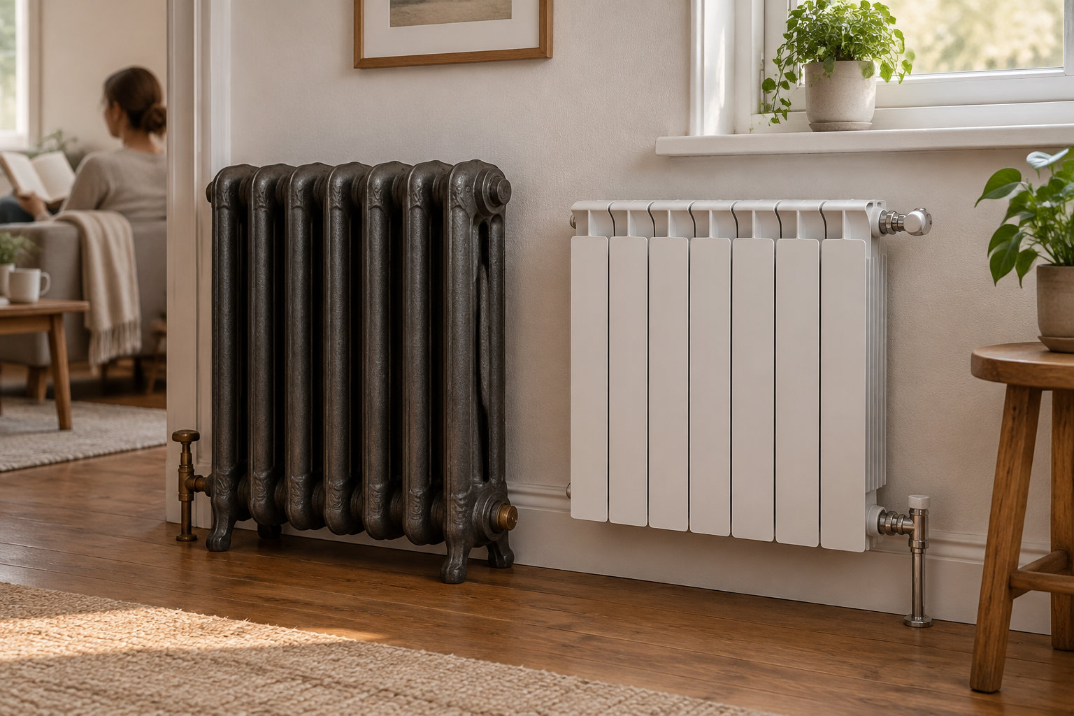 Un ancien radiateur en fonte noir et un radiateur blanc moderne sont installés côte à côte dans un salon lumineux.