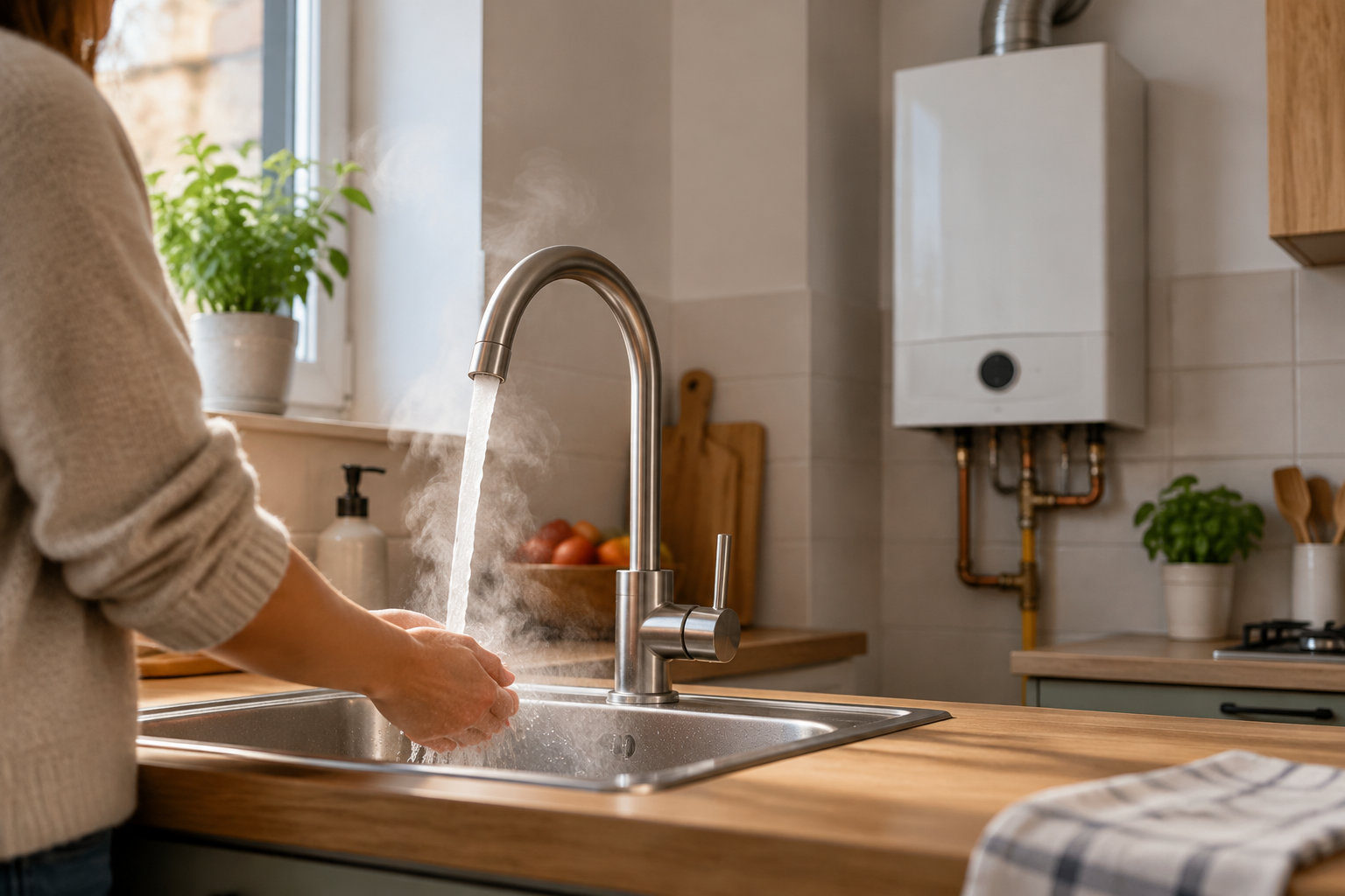 Une personne se lave les mains sous un robinet d’où coule de l’eau chaude dans un évier de cuisine.
