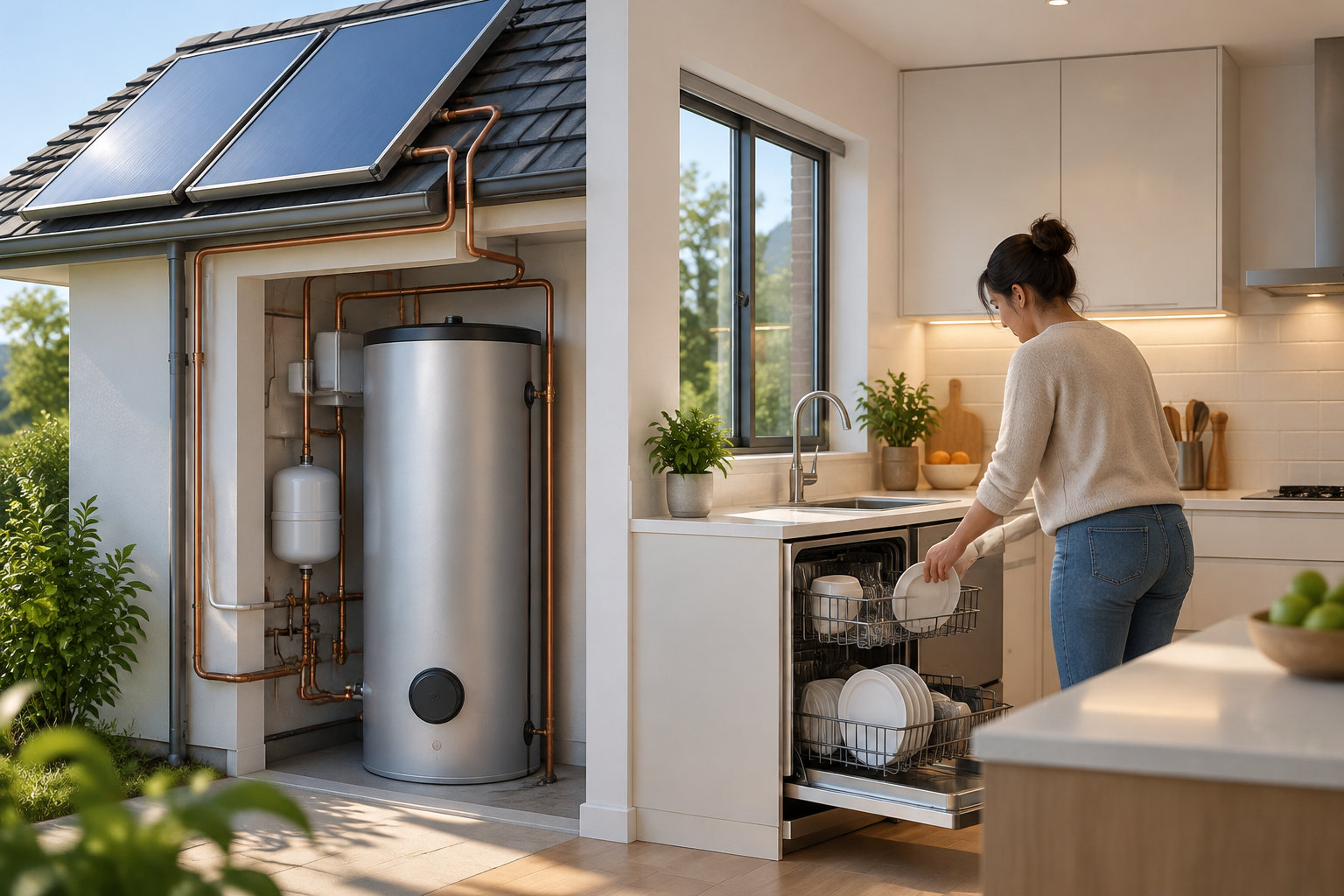 Une femme range des assiettes dans un lave-vaisselle, tandis que des panneaux solaires sur le toit sont reliés à un chauffe-eau installé dans un espace extérieur.