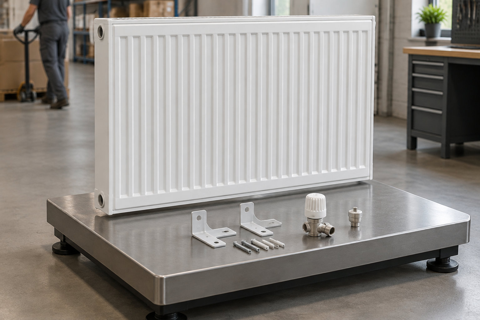 Un radiateur blanc est posé sur une table métallique, avec des supports, des vis et des pièces de robinetterie disposés devant lui.