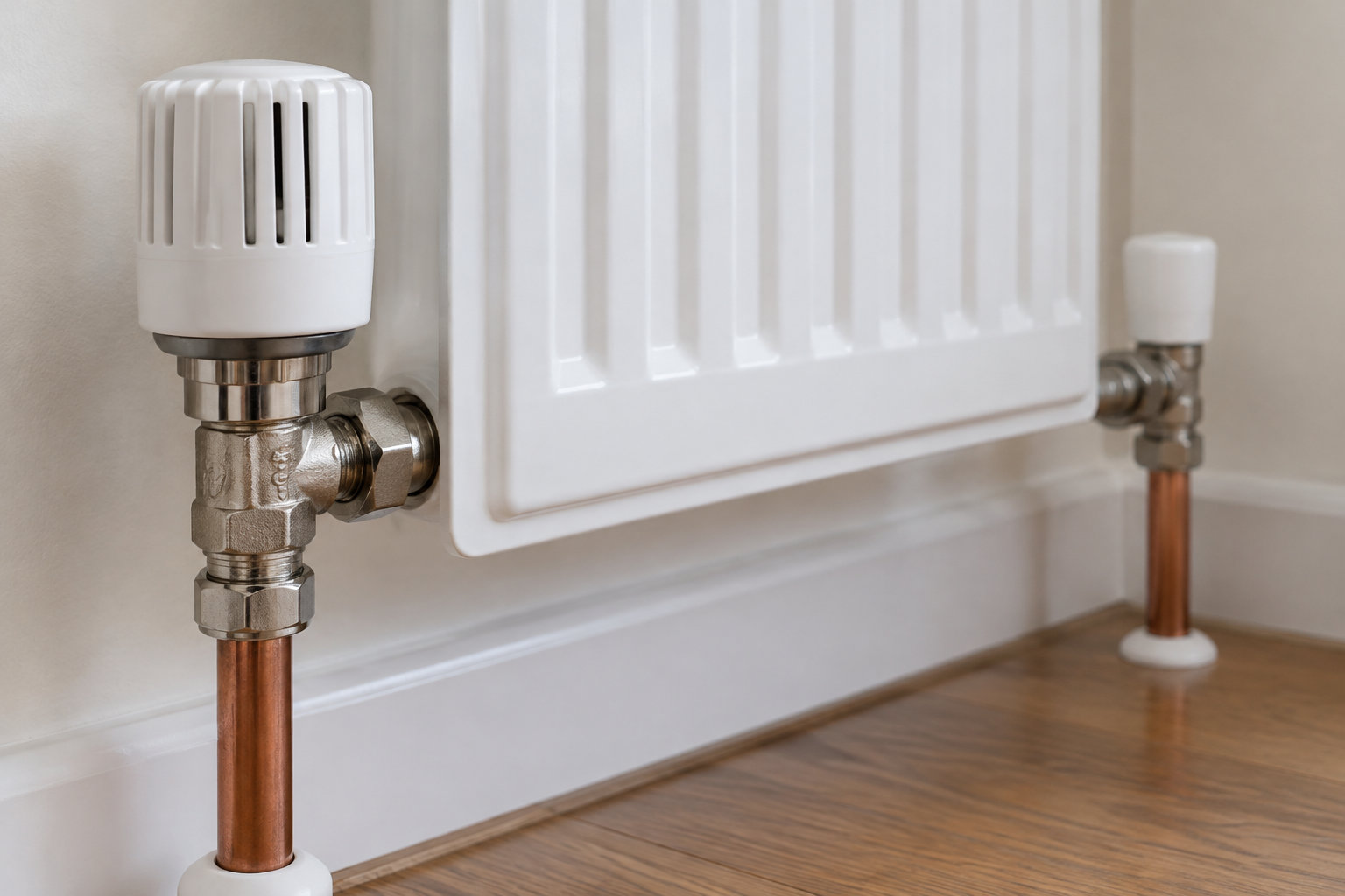 Un radiateur blanc est fixé au mur, avec deux robinets métalliques et des tuyaux en cuivre au-dessus d’un parquet en bois.
