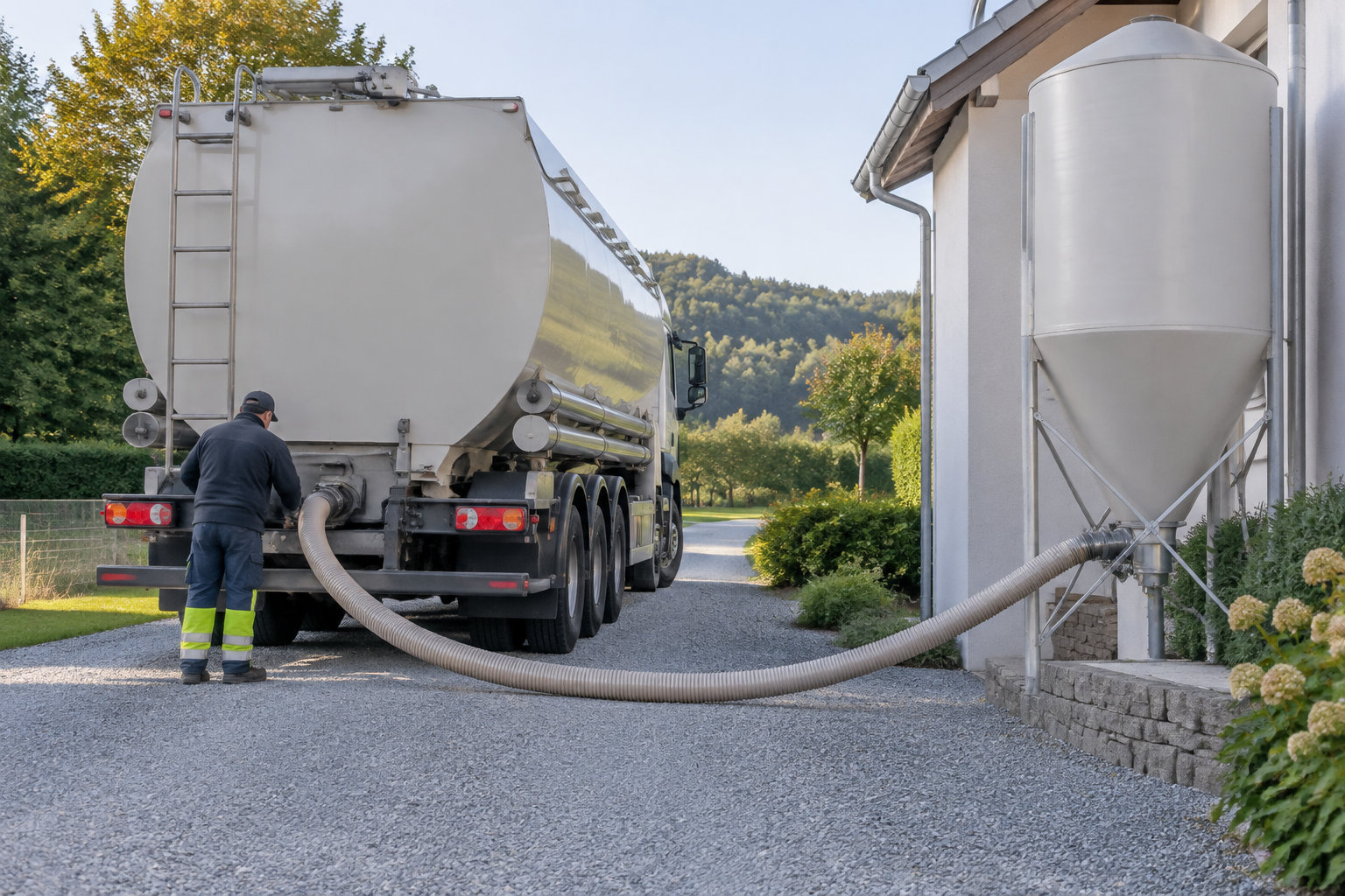 Un homme raccorde un tuyau entre un camion-citerne et un grand réservoir installé près d’un bâtiment.