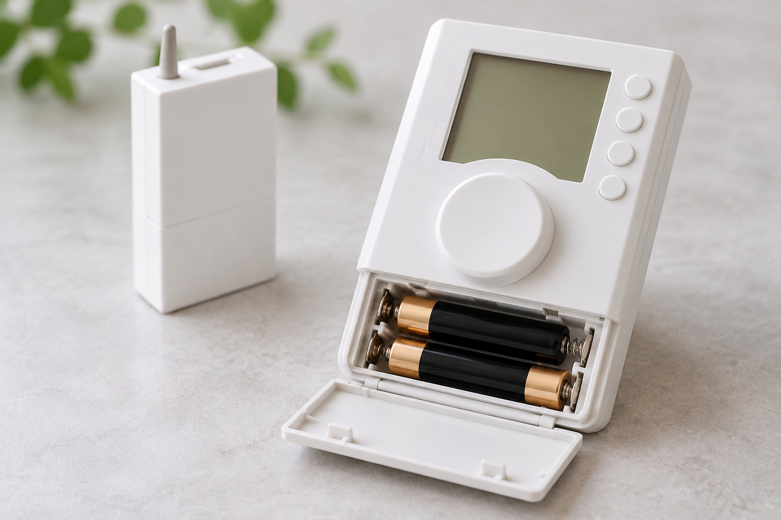 Un thermostat blanc avec son compartiment ouvert contenant deux piles est posé sur une surface claire, près d’un petit boîtier blanc, avec des feuilles vertes floues en arrière-plan.