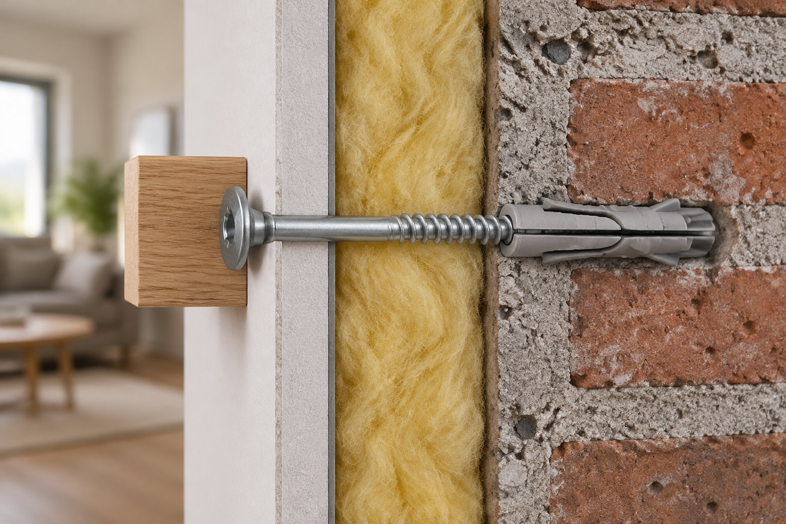 Une vis avec une cheville traverse un panneau et une couche d’isolant pour se fixer dans un mur de briques, avec une pièce en bois à gauche.