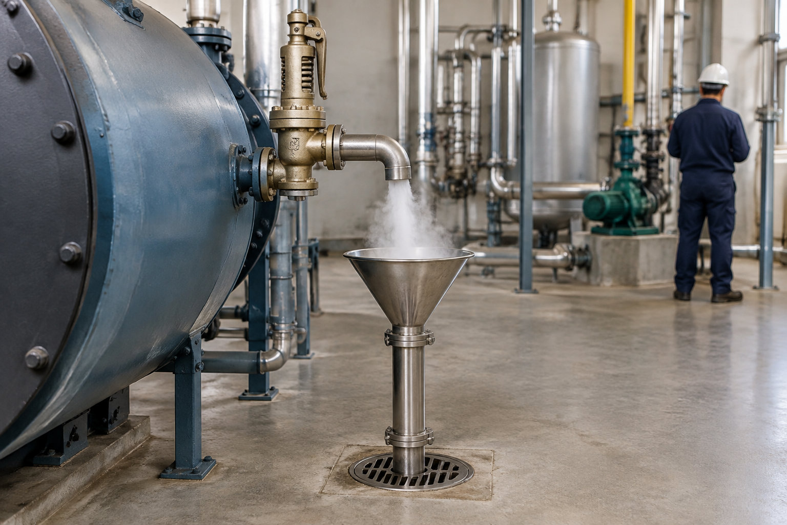Une soupape libère de la vapeur dans un entonnoir métallique au-dessus d’une grille, dans une usine où un technicien se tient près de machines et de tuyaux.