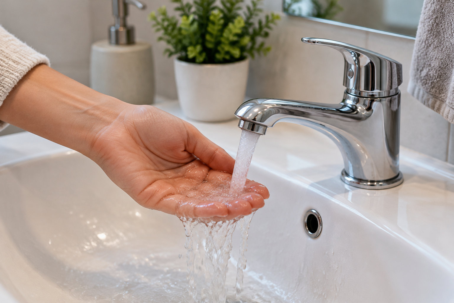 Une main recueille de l’eau qui coule d’un robinet chromé au-dessus d’un lavabo blanc.