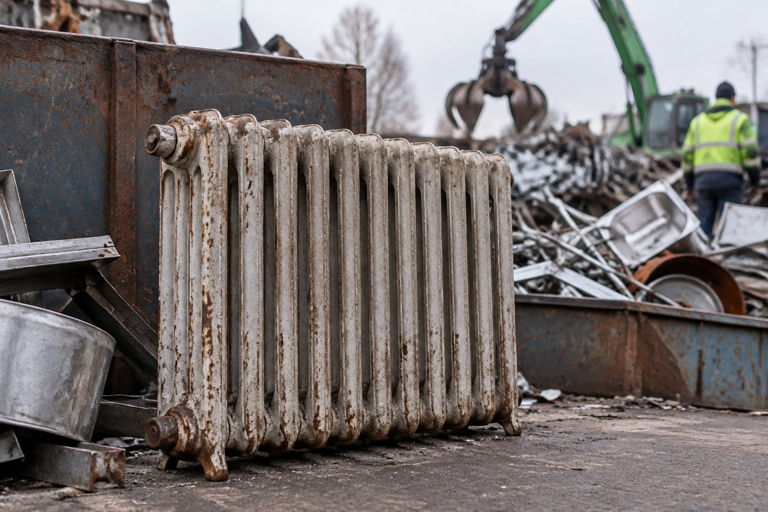 Un vieux radiateur rouillé est posé au premier plan dans une décharge, où une pelle mécanique et un ouvrier en gilet fluorescent manipulent des débris métalliques.