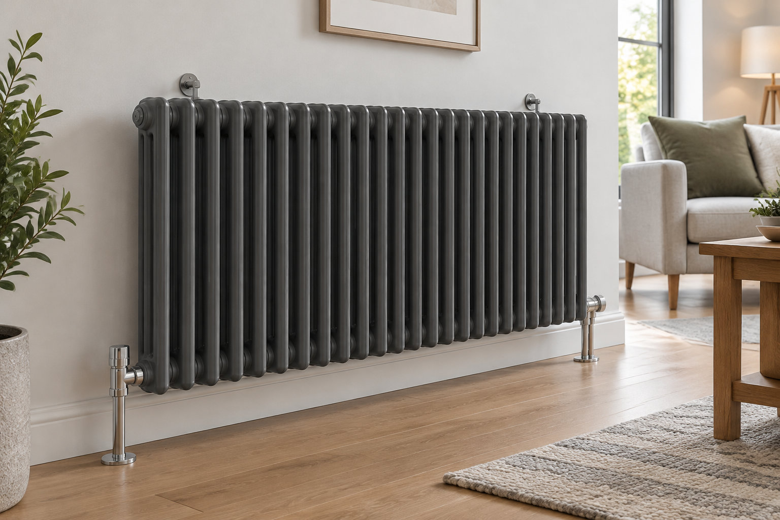 Un radiateur noir à colonnes est installé contre un mur blanc, dans un salon lumineux au sol en bois.