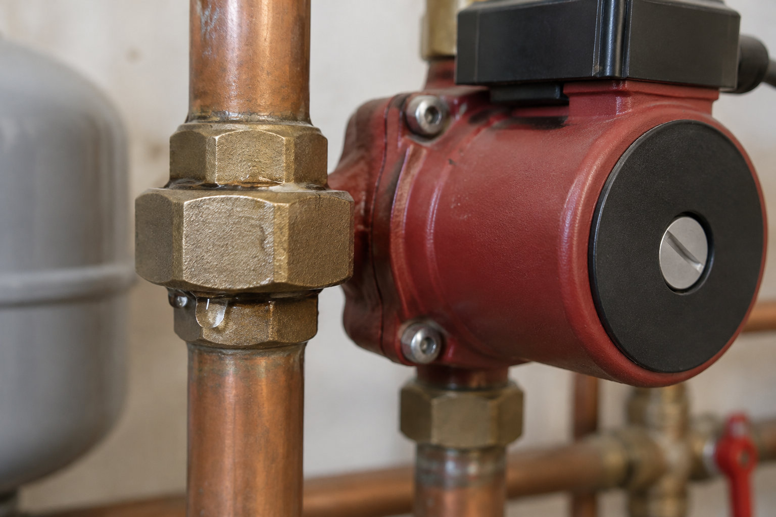 Gros plan sur un circulateur rouge fixé à des tuyaux en cuivre avec des raccords en laiton.