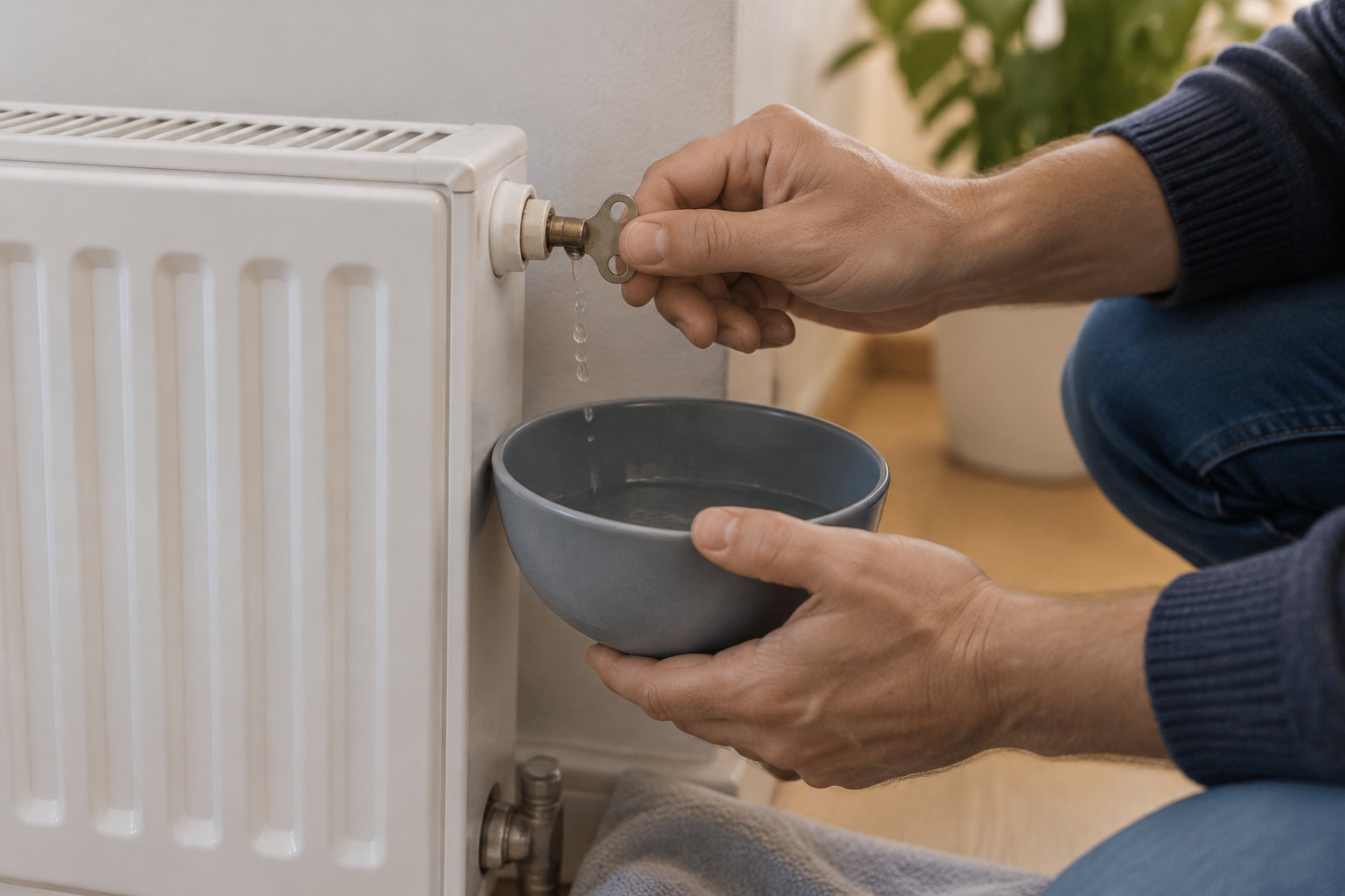Une personne purge un radiateur avec une clé, tandis que de l’eau s’écoule dans un bol tenu en dessous.