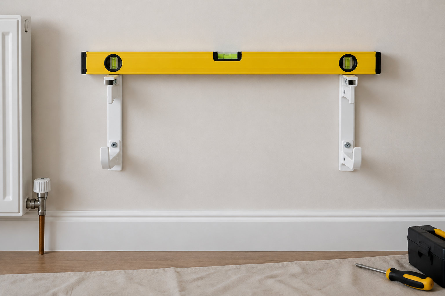 Un niveau à bulle jaune repose sur deux supports fixés au mur, près d’un radiateur, avec une boîte à outils et un tournevis au sol.