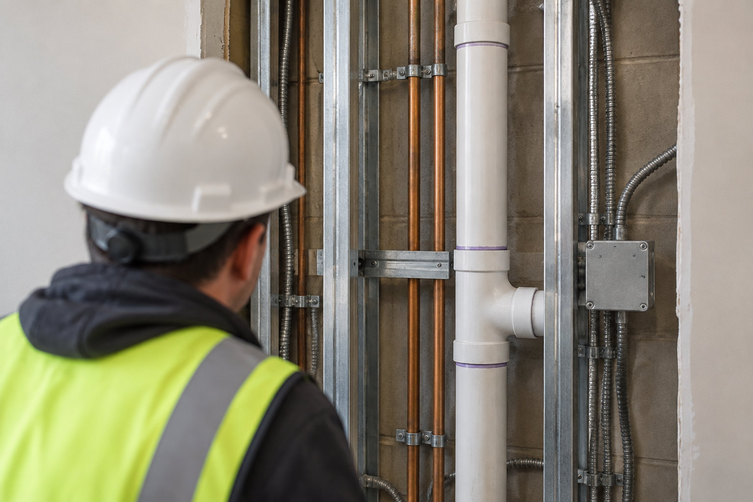 Un ouvrier portant un casque blanc et un gilet fluorescent observe des tuyaux et des conduits fixés dans une cloison en construction.