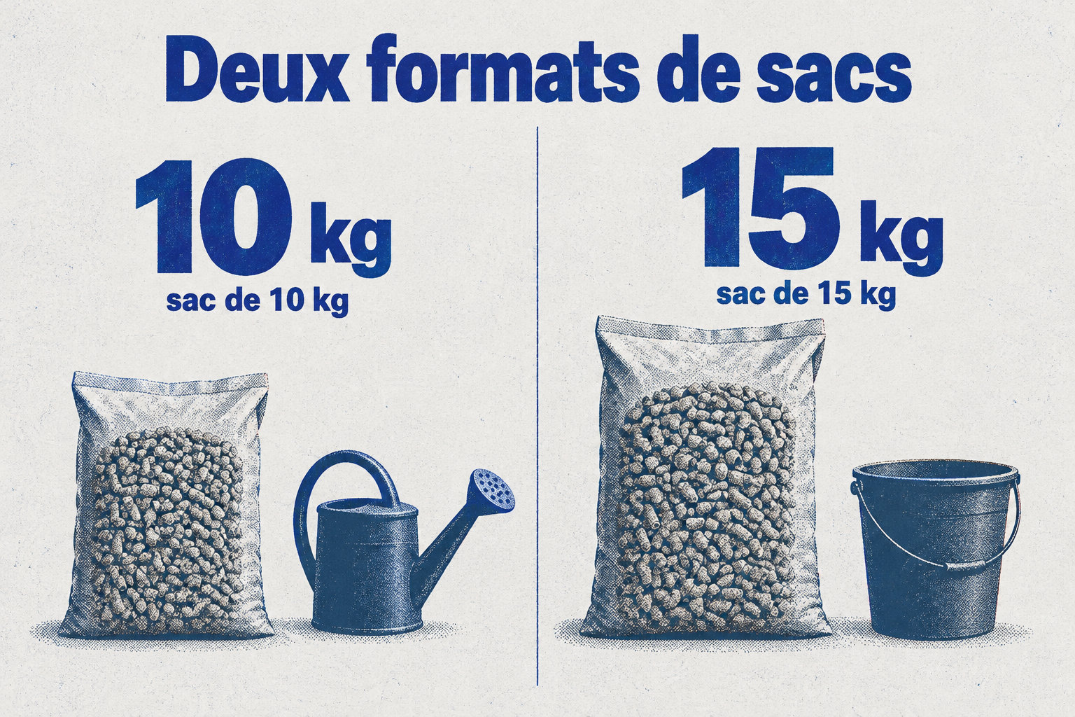 L’infographie compare deux formats de sacs de granulés : 10 kg et 15 kg, avec un repère visuel commun pour le volume.